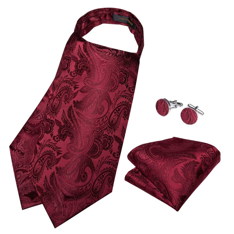DiBanGu Burgundy Ascot Ties for Men Cravat Tie and Pocket Square Set Jacquard Silk Ascot Paisley Cravat for Men - Image 4
